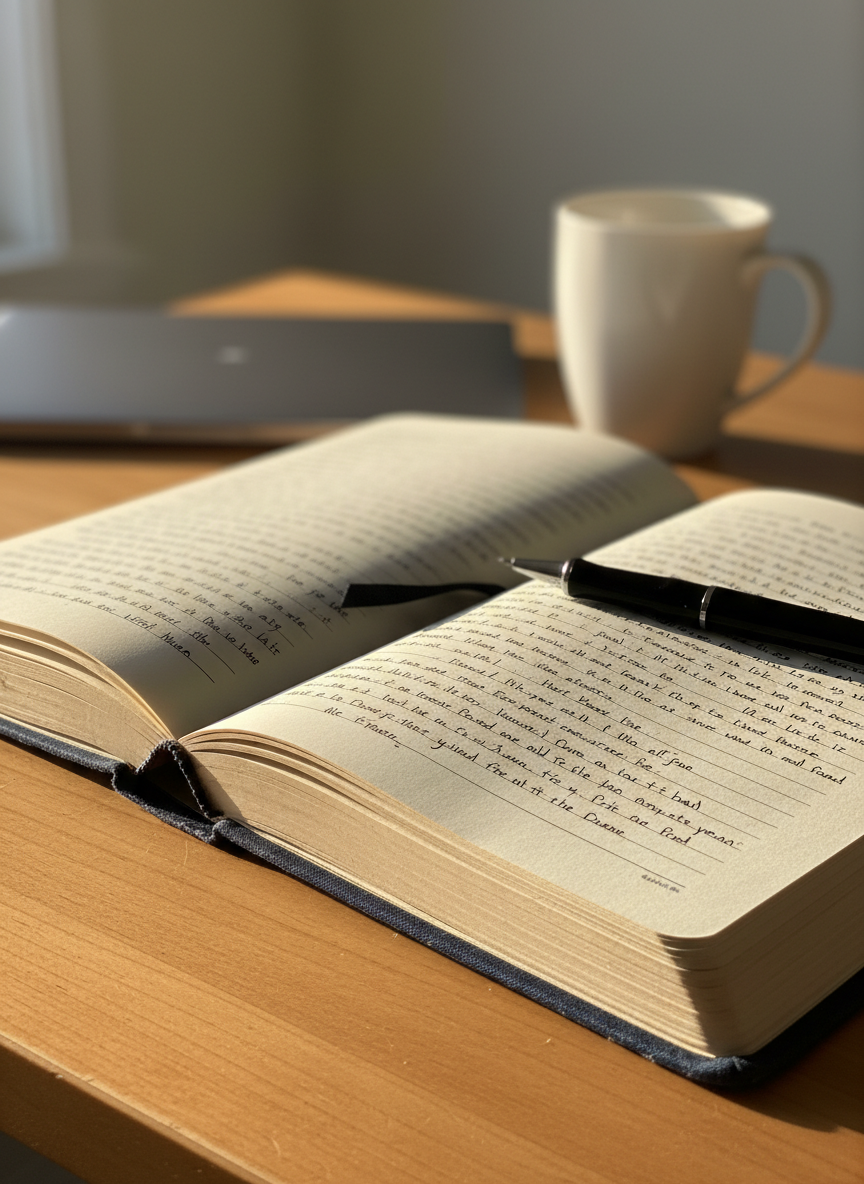 A well-worn, cloth-bound journal with a dark navy cover, its spine slightly creased, lies open on a smooth wooden desk. A fine-point black pen rests diagonally across a page filled with neat, handwritten lines that taper off mid-sentence, suggesting ongoing reflection. Soft late-afternoon natural light from an unseen window grazes the paper, creating gentle highlights on the ink and subtle shadows along the journal’s edges. In the softly blurred background, a closed laptop and a simple ceramic mug hint at everyday routine. Photographic realism, shot at eye level with a shallow depth of field, conveys a calm, contemplative atmosphere and the quiet persistence of simply showing up to write one more page.