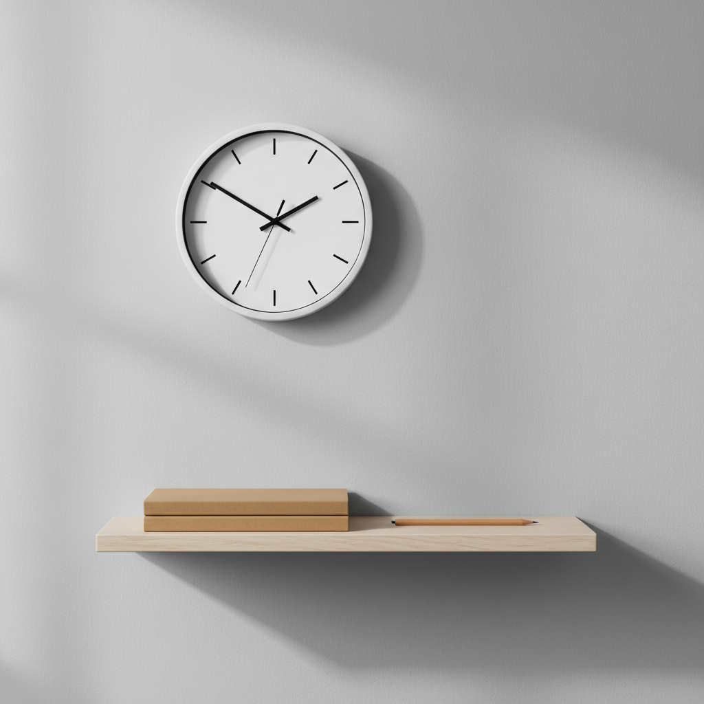 A simple, analog wall clock with a clean white face and slender black hands is mounted on a matte, light-gray wall above a small floating shelf. On the shelf, three neatly stacked kraft paper notebooks and a single, sharpened pencil are arranged with intentional simplicity. Soft, diffused morning light spills in from the left, casting a gentle gradient across the wall and faint shadows beneath the shelf. The composition follows the rule of thirds, with the clock slightly off-center, captured in photographic realism. The mood is steady and professional, evoking the quiet discipline of time passing and the power of daily, incremental effort in personal life.